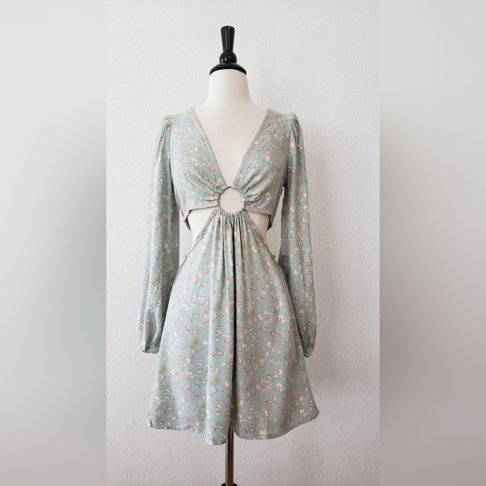Cutout Ring-Detail Floral Mini Dress in Light Blue